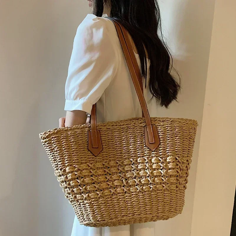 DDB01    2023 Summer Handwoven Straw Beach Tote Bags for Women Vintage Hollow Out Handbag Basket Rattan