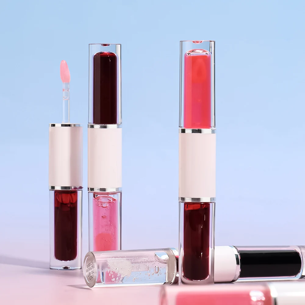 Private Label 2in1 Lipgloss-Lippenöl, individuelles Logo, 4-Farben-Peel-off-Gloss, Feuchtigkeit, langanhaltendes, transferfestes, doppelseitiges Make-up