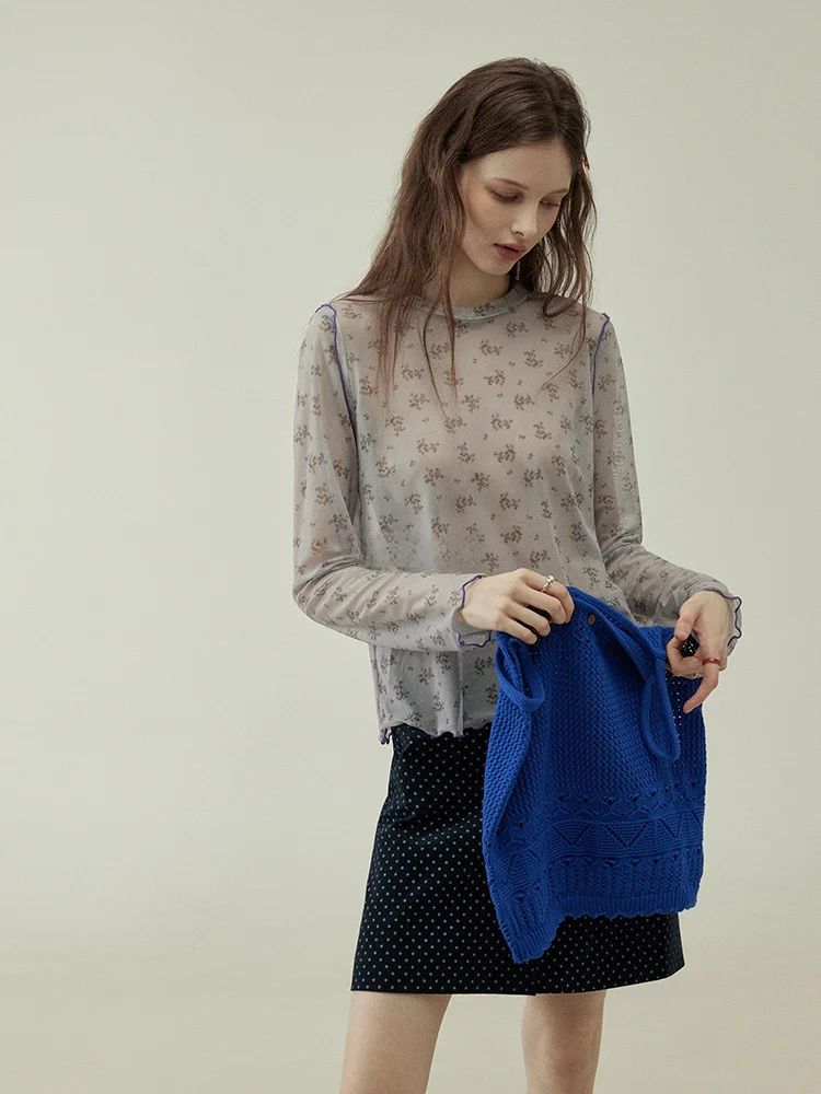 

LITLECOT Новинка: Женская базовая блузка с длинным рукавом, светло-фиолетовый цветочный принт, весна-осень, кружевной топ с цветовыми блоками