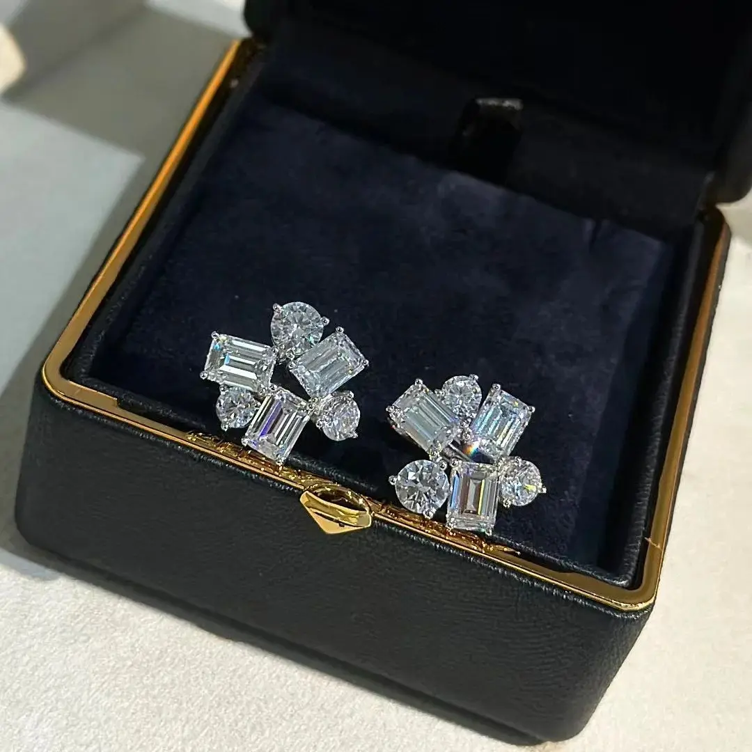 

Women's S925 Silver Earrings with Emerald-Cut High-Carbon Simulated Diamonds, Irregular Cluster Design (Clip-On Stud Style)