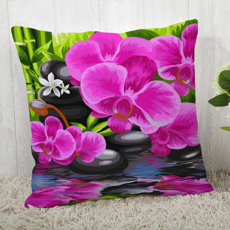 

New Orchid Painting Pillow Cover Bedroom Home Office Decorative Flowers Pillowcase Square Zipper Pillow Cases Satin Soft No Fade