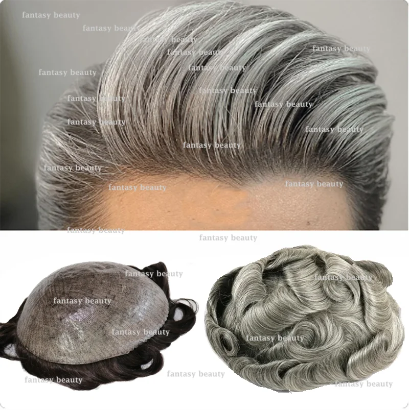 Toupee natural para homens, sistema de substituição de peruca masculina, prótese capilar completa PU cinza cabelo humano, pele super fina