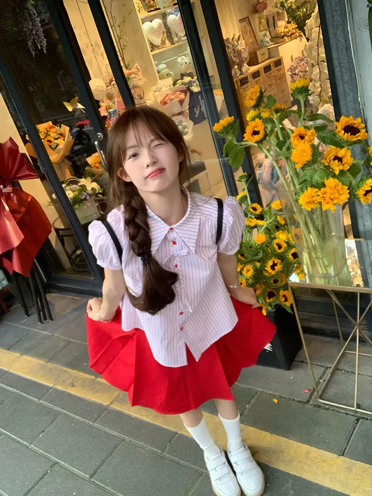 Women Shirts Preppy Style Sweet Striped Short Sleeve Turn Down Collar Single Breasted Fashion Blouse Summer Tops