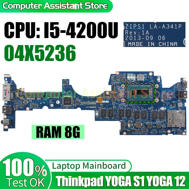 

For Lenovo Thinkpad YOGA S1 YOGA 12 Laptop Mainboard LA-A341P 04X5236 I5-4200U 8G RAM Notebook Motherboard