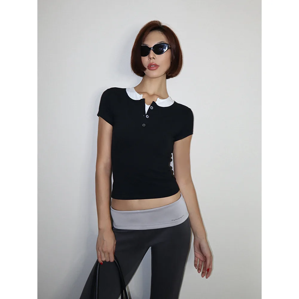 VanessaLab New Black And White Contrasting Two-Piece Summer Front Shoulder Henry Slim Fit Elastic Short Sleeved T-Shirt Women