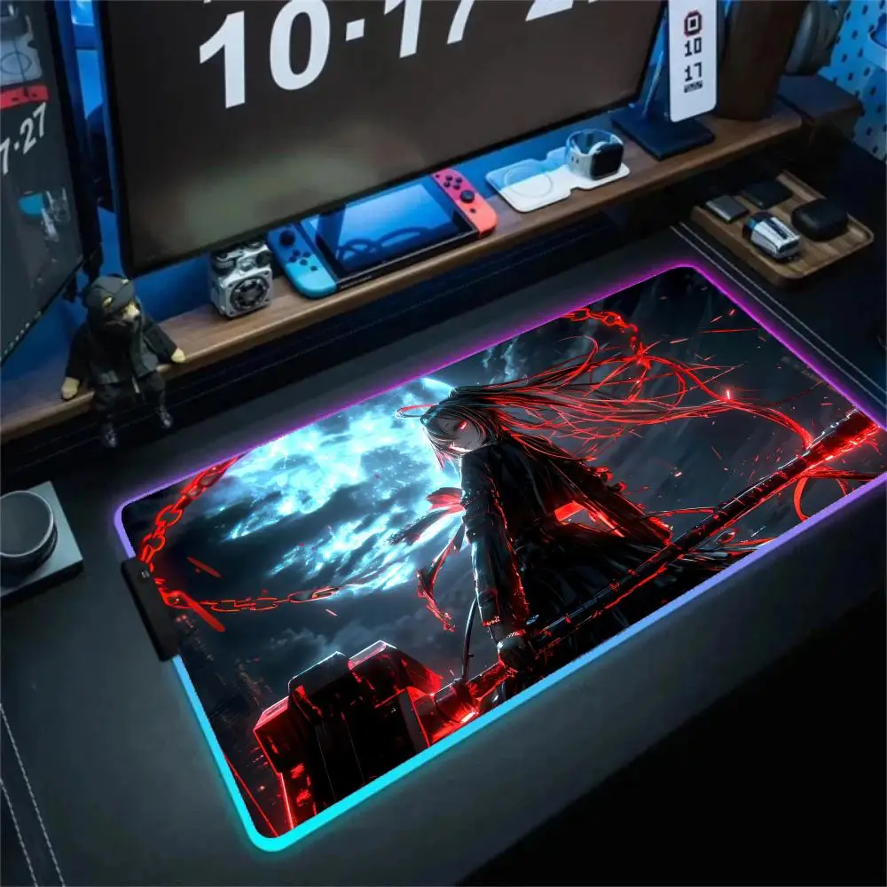 Japan Samurai Girl Mouse Pad LED Light Mousepad RGB E-sports Keyboard Deskmat Large Computer Gamer Accessories Long Desktop Mat