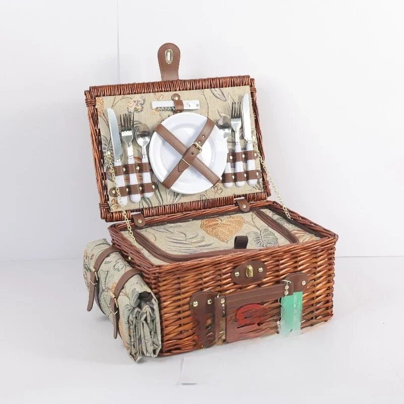 

Handmade Large Outdoor Family Picnic Basket Set Insulated Compartment Willow Hamper Plastic Storage Wicker Basket 4 Pieces
