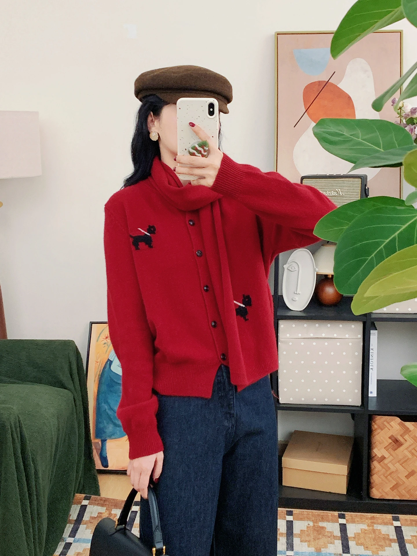 

Комплект из шерстяного вязаного кардигана с круглым вырезом и шарфа для женщин: теплый повседневный зимний модный костюм-двойка