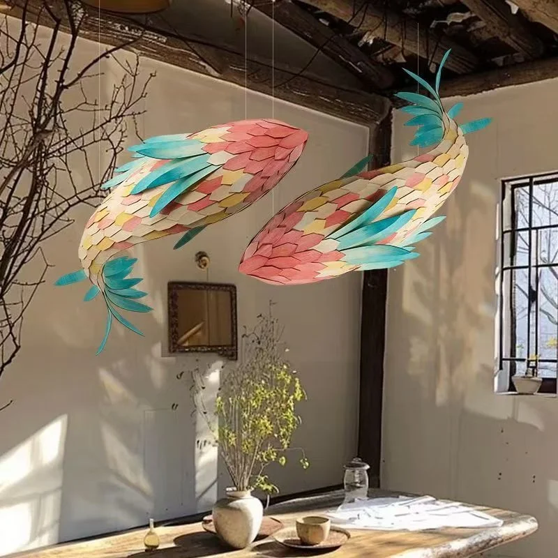 Artistic Wooden Fish Shaped Chandelier For Restaurant Hotel Front Desk Private Room Design Ideal for Homestay Tea Room Lighting