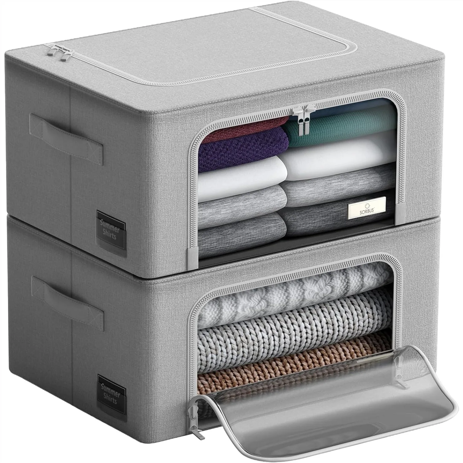 

Складные штабелируемые контейнеры для хранения с металлическим каркасом и прозрачным окном - органайзеры для одежды для организации пространства в спальне