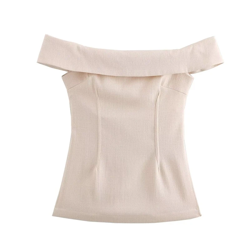YENKYE New Women Side Slit Sexy Off Shoulder Tops Short Sleeve Beige High Street Female Blouse