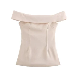 YENKYE New Women Side Slit Sexy Off Shoulder Tops Short Sleeve Beige High Street Female Blouse