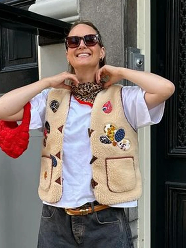 

Женский осенне-зимний жилет из овечьей шерсти, 2025 г., женский новый модный жилет без рукавов с вышивкой, женский элегантный уличный топ для отдыха