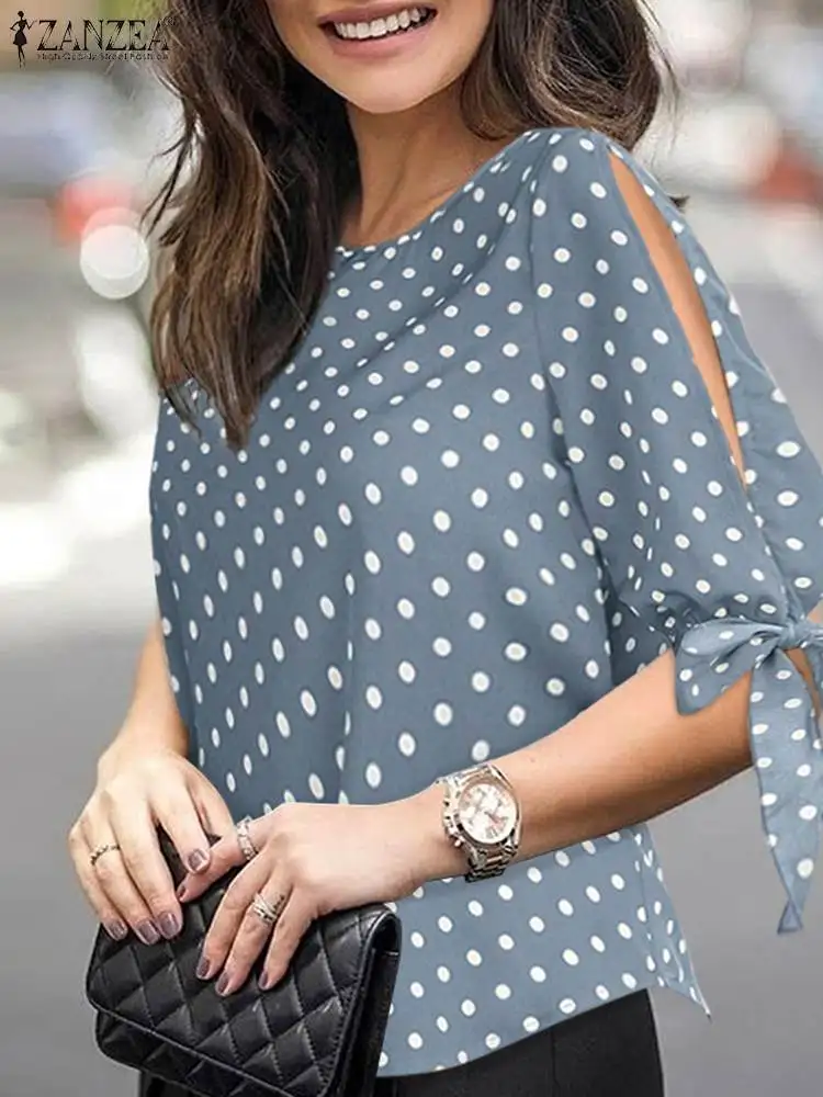 Zanzea Sommer Bohemian Polka Dot bedrucktes Hemd Frauen Bluse Mode Schnürung Urlaub Tops weibliche halbe Ärmel o Hals Blusas Mujer