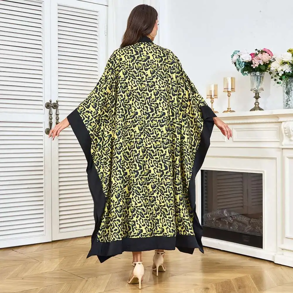 New Fashion Leopard Print Robe Loose Large Sleeve Bow Tie Decorated Muslim Dress Women's Clothing Dubai Luxury Islam Elegant