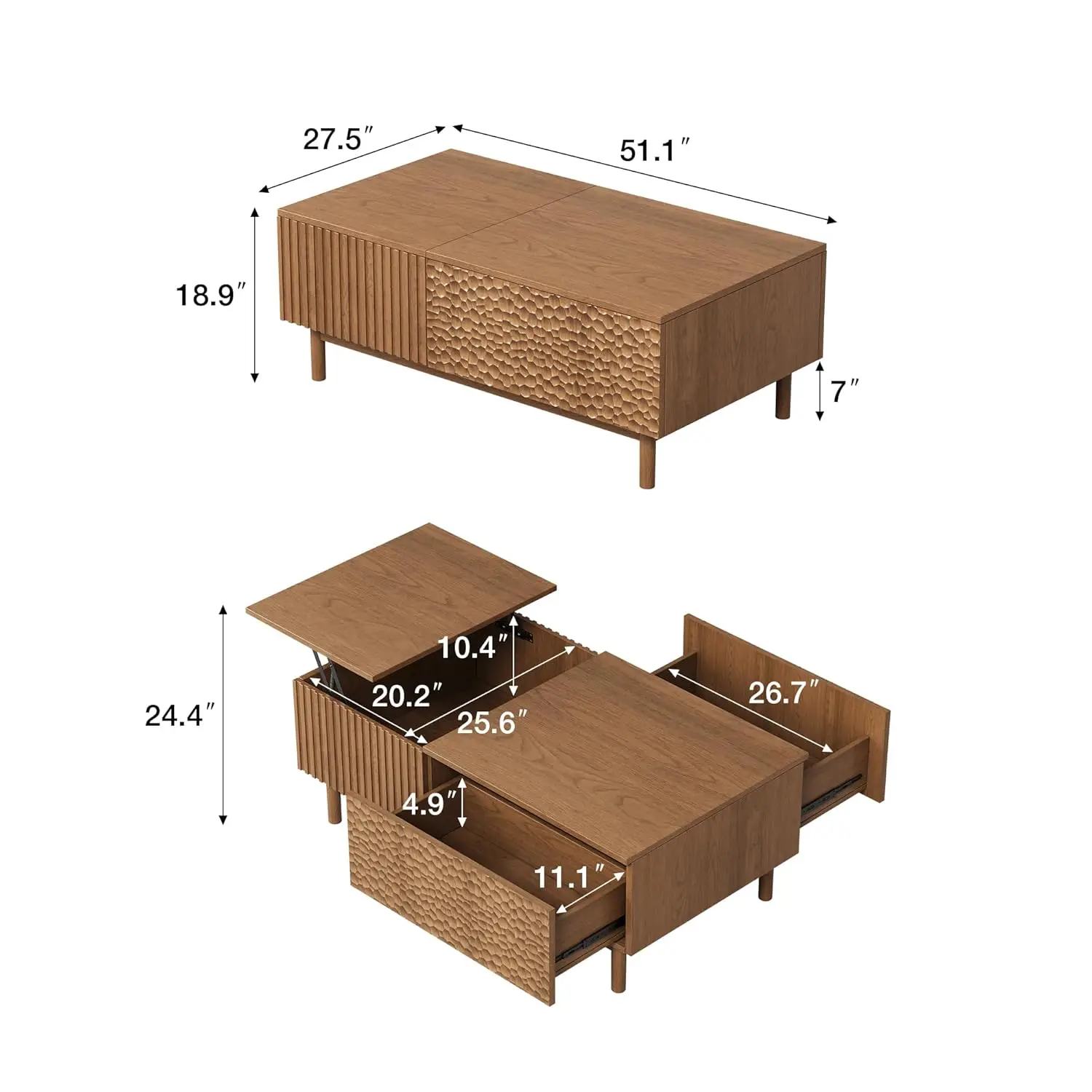 51.1" Mid-Century Modern Lift Top Coffee Table, Walnut Rectangular Center Table With Hidden Storage, Drawers & Sturdy Wooden Leg