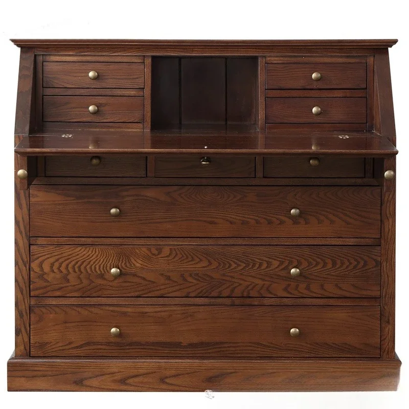 

American solid wood desk, log retro engraved computer study multi-functional writing desk table