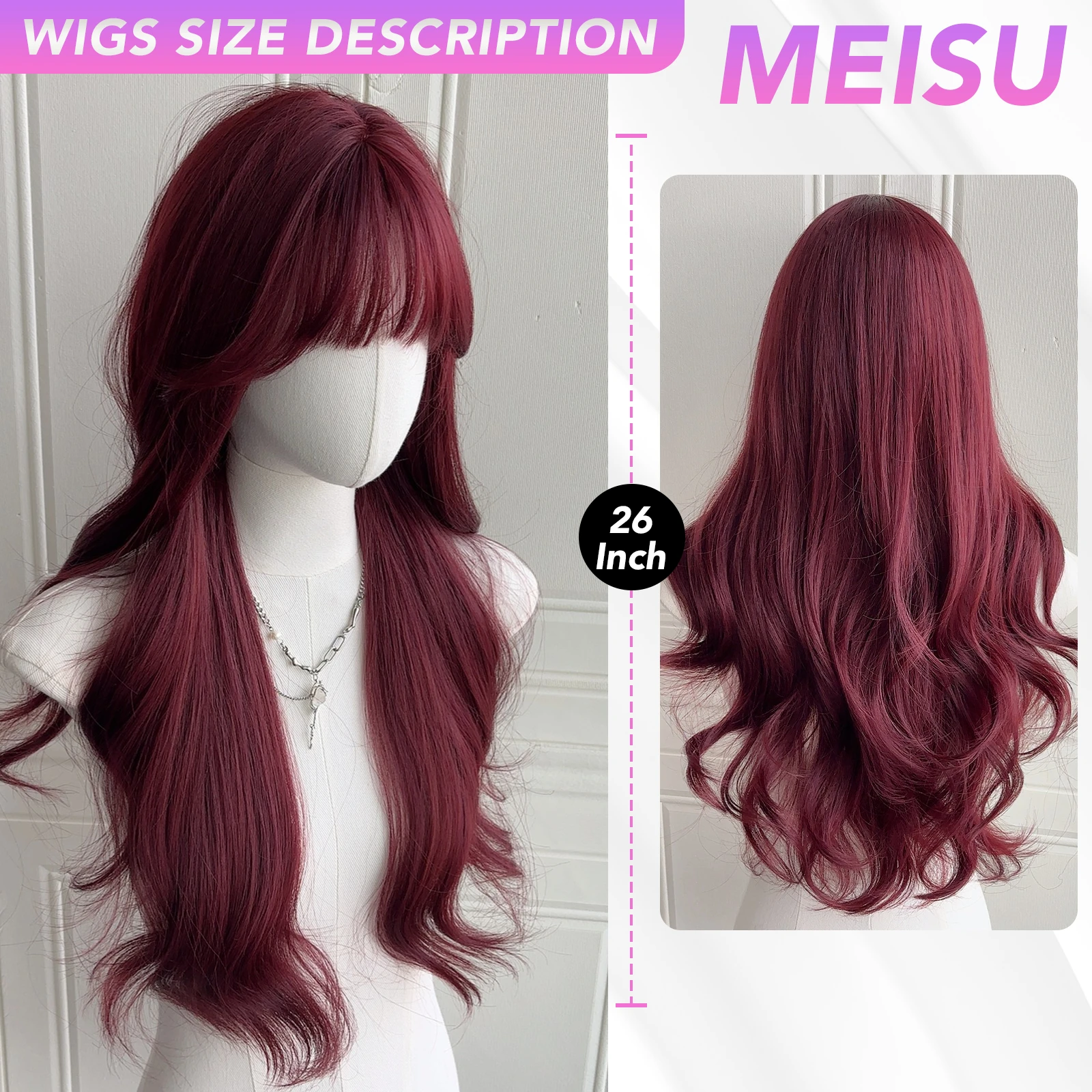 MEISU Deep Red Curly Wave Bangs Wig 26 Inch Fiber Synthetic Wig Heat-resistant Natural Party or Selfie For Women Gold Pink Brown