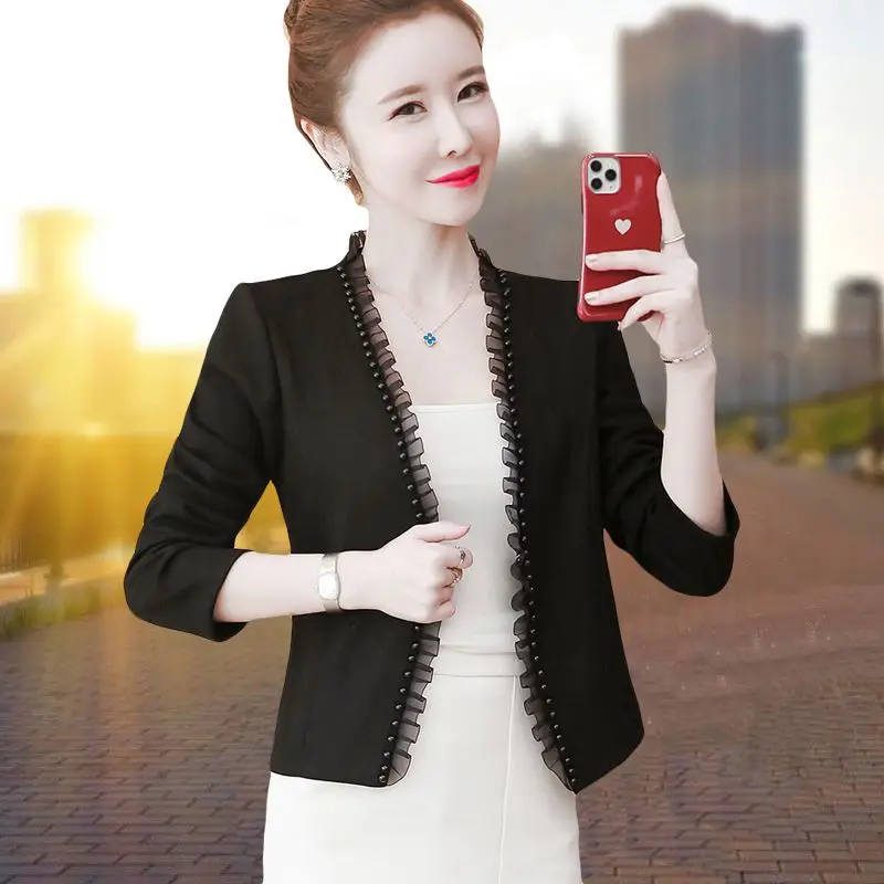 Long Sleeve Suit Jacket Women Beading V-neck Outerwear Cardigan Slim Korean Short Tops Black White Blazer Party Dress Shawl