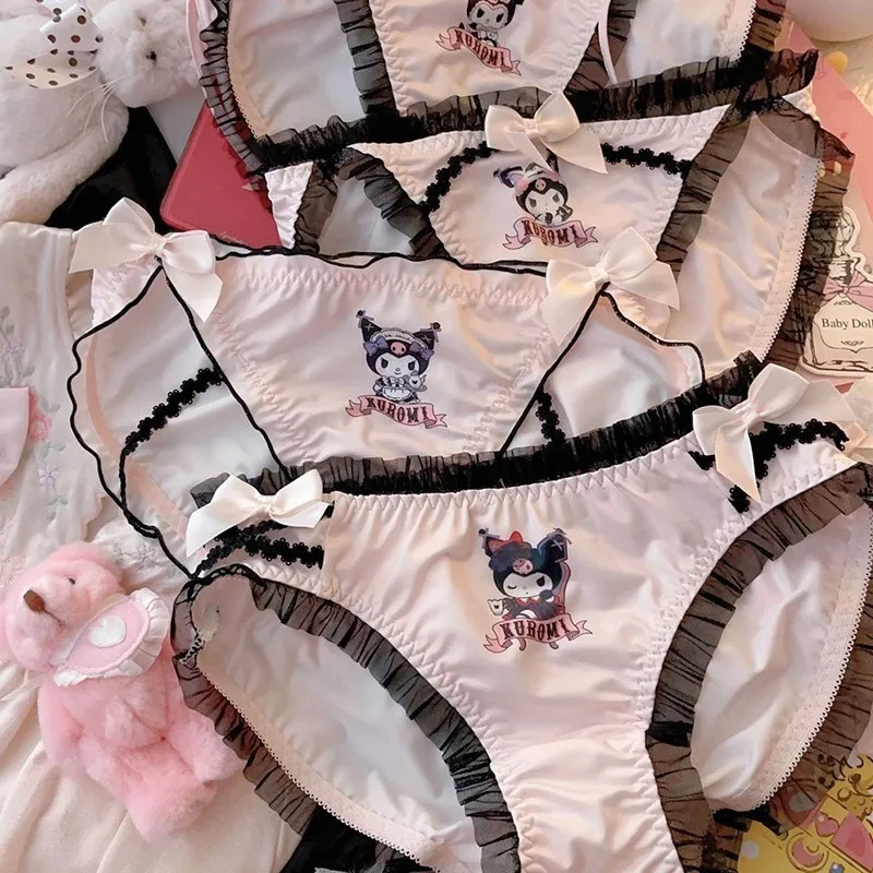 Sanrio cartoon kuromi anime peripheral cute pink black lace sexy underwear girls briefs bow tie gift kawaii new wholesale