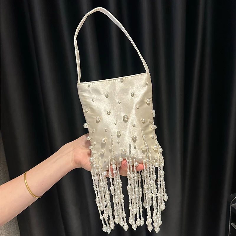

French Retro Woven Bead Bucket Bag Irregular Pearl Tassel Satin Tote Bags Solid Color Casual Banquet One Shoulder Pack
