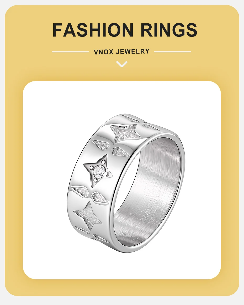Vnox Edelstahl Herrenring, breiter Ring mit eingelegtem weißem Zirkon in Form eines vierzackigen Sterns, silberfarbener Fingerschmuck, Geschenkgröße 7-12 – Detail 2