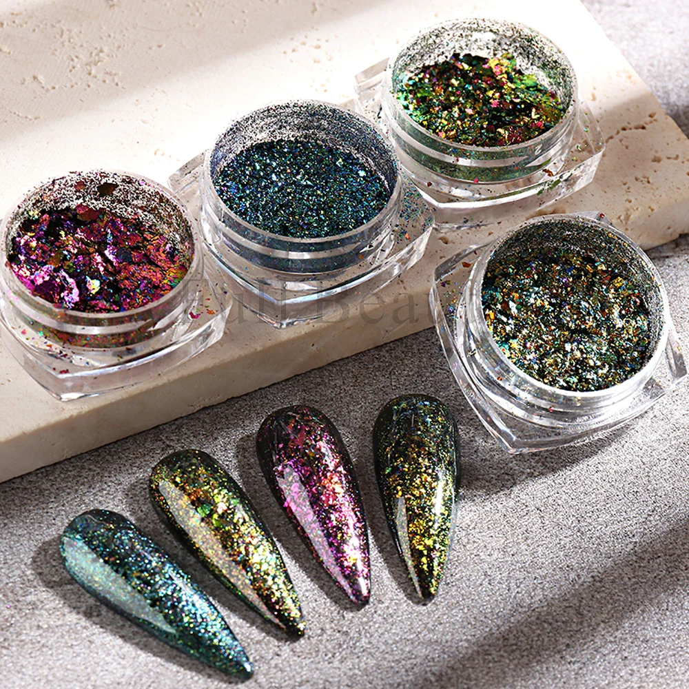 1Box Chameleon Nail Flakes Chrome Powder Fire Crystal Opal Flakes Gold Leaf For Nail Aluminum Foil Glitter Manicure Decor NTTBL