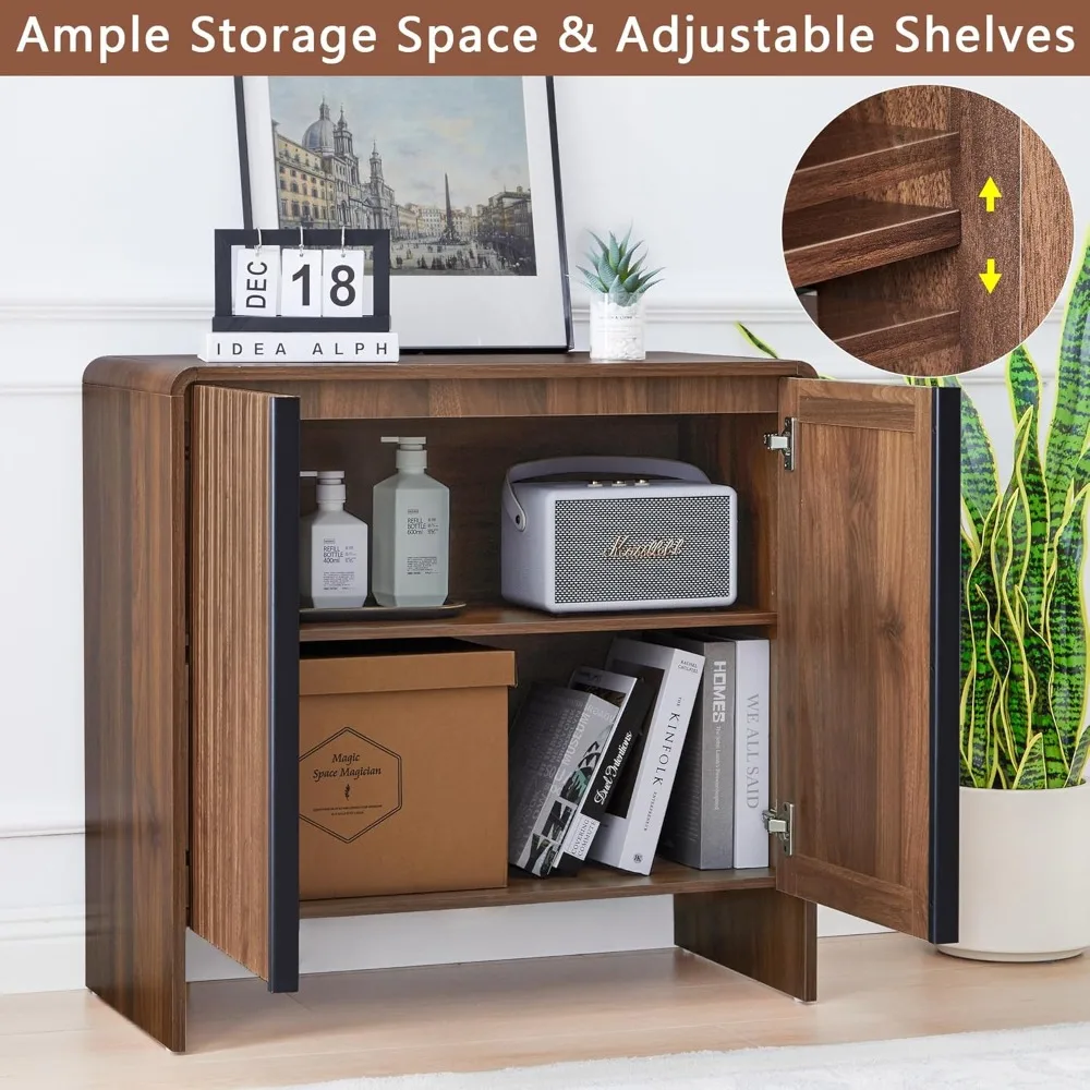 Buffet aparador de porta canelada de 60 polegadas com bordas curvas e armazenamento em destaque marrom