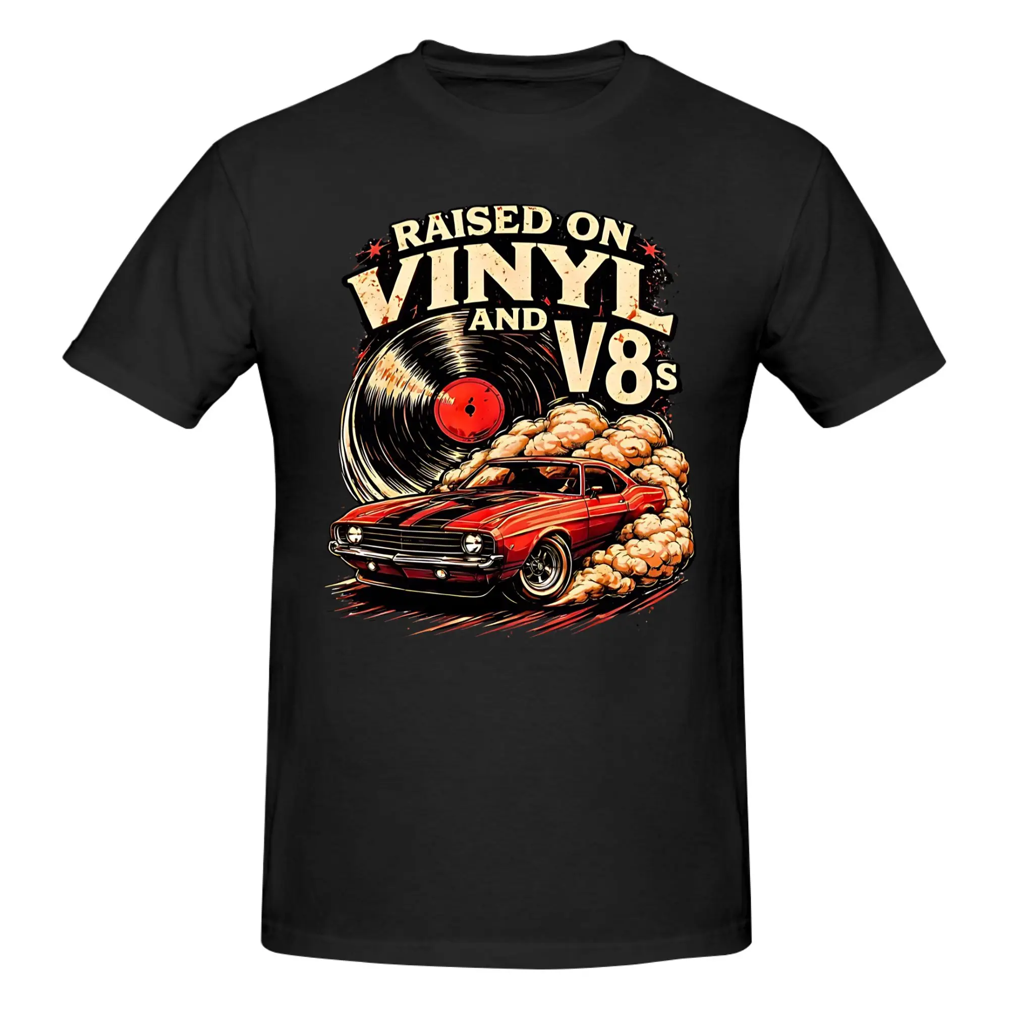 1 Piece Raised on Vinyl and V8s Retro Car Music Novelty Graphic 100% Cotton T-Shirt Car & Music Fan Tops Tees For Men