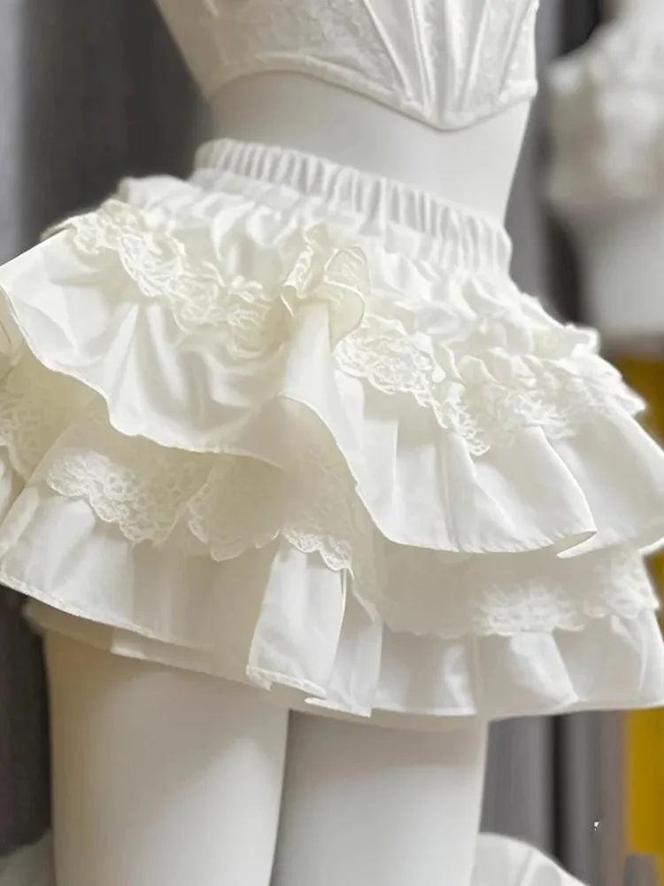 Lolita Sweet White Cake Skirt Women High Waist Sweet Lace Patchwork Slim Mini Skirts Japan Kawaii Spring Summer Ball Gown Skirt