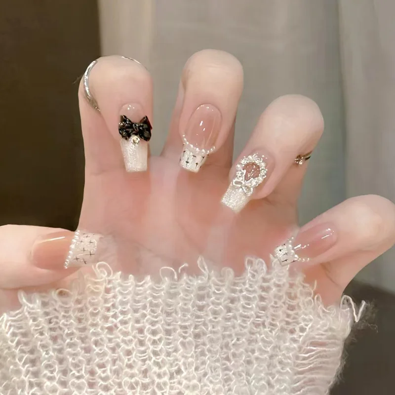 

24Pcs Inspired Press-On Nails – Medium-Long Square Shape With Pearl Bow & Woven French Tips False Nails With Wearing Tools