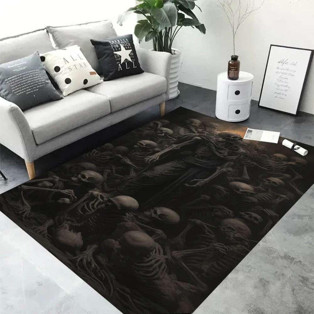 Gothic Skull Skeleton 3D Area Rug for Living Room Bedroom Decor Non Slip Floor Mat with Dark Horror Art Design