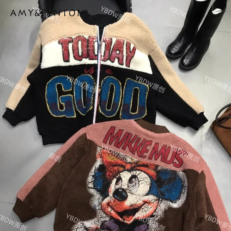 유럽 스타일 가을 겨울 Y2K 만화 캐릭터 루즈핏 컬러 블록 양털 재킷 다용도 캐주얼 야구 코트 지퍼 아우터웨어