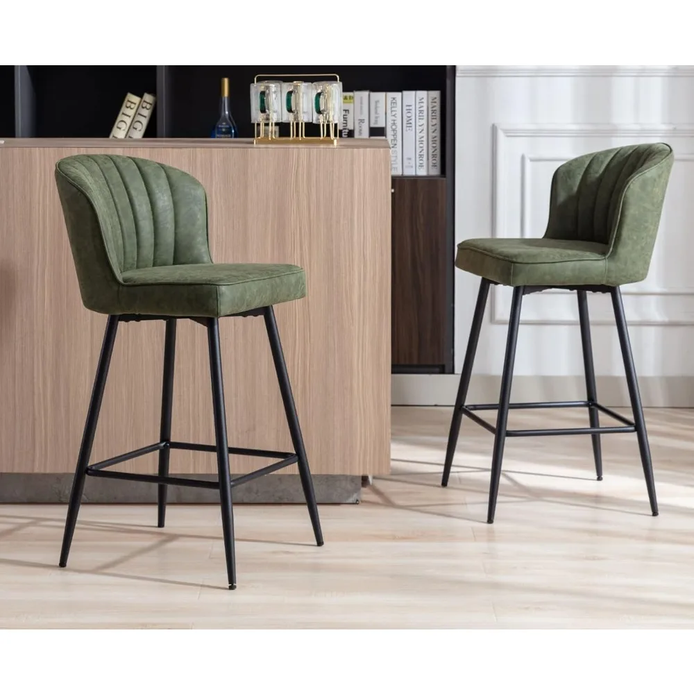 Counter Height Bar Stools Set of 2 Modern Bar Chairs with Back Leather Upholstered Barstools with Metal Footrest