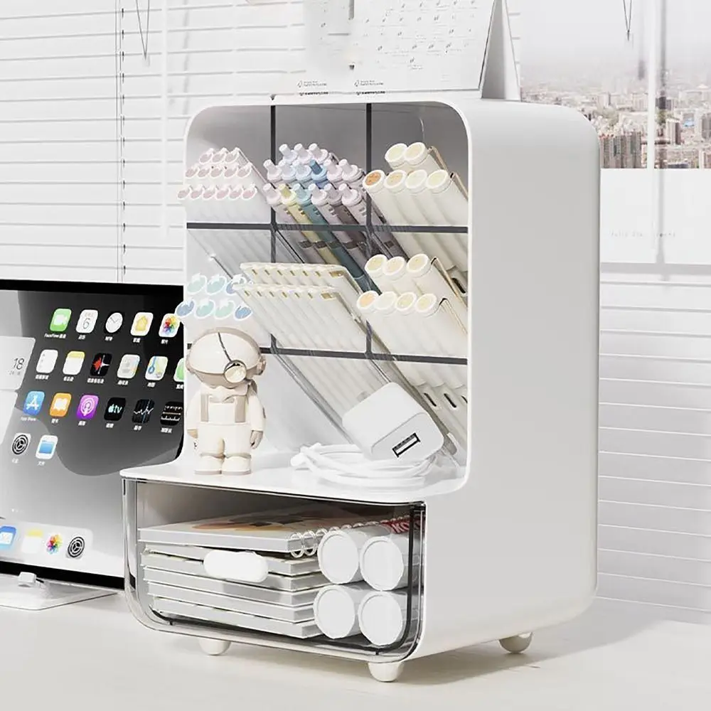 서랍이 있는 플라스틱 경사 펜꽂이, 대용량 경사 데스크탑 보관함, 내구성 방진 데스크탑 잡화 보관 랙