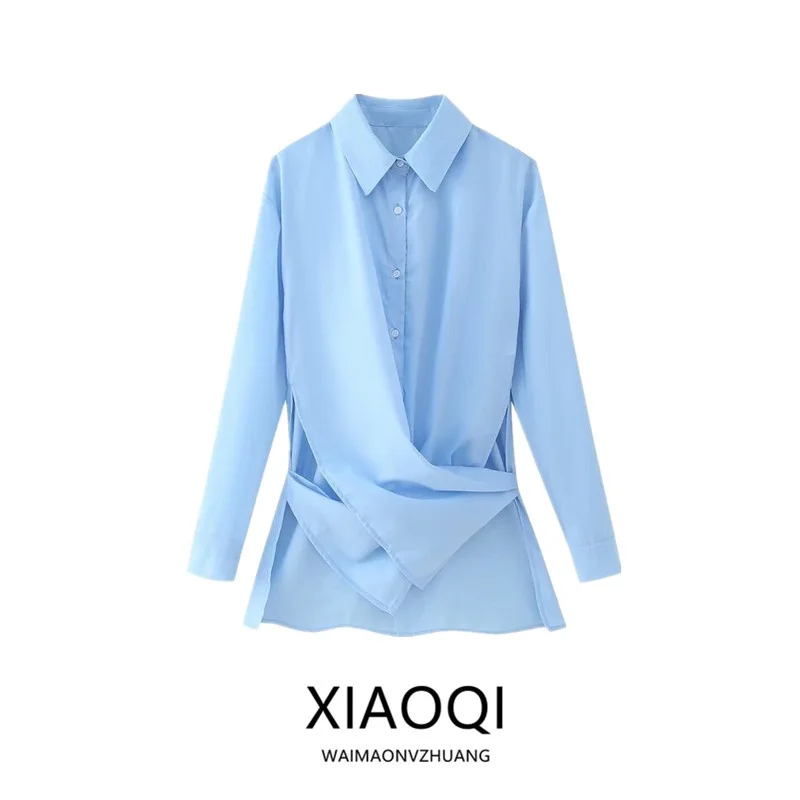 

Ele Long Sve Belted irt Women's Faion Design Slimming Versatile Spring Summer New Arrival Ladies' Premium Blouse