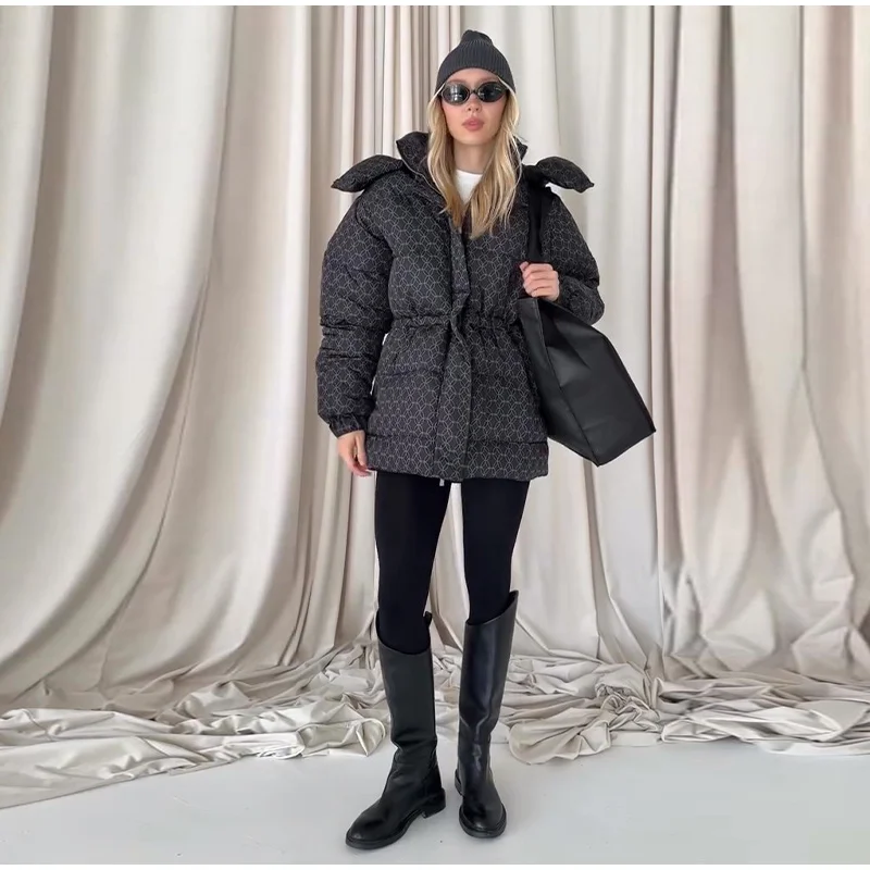 Upgraded Thickened Allover Printed Mid Length Padded Coat Stand Collar Drawstring Waist Windproof 2026 Winter Women Outer Jacket