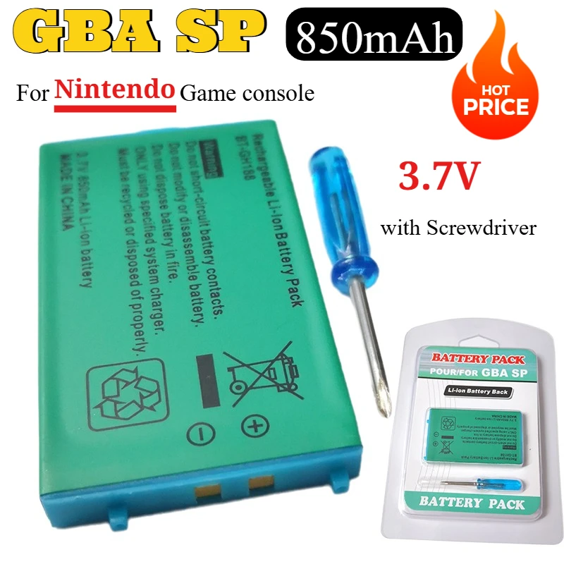 

3.7V 850mAh Rechargeable Battery for Nintendo GBA SP Gameboy Gaming Console Built-in Replacement Batteries with Screwdriver Tool