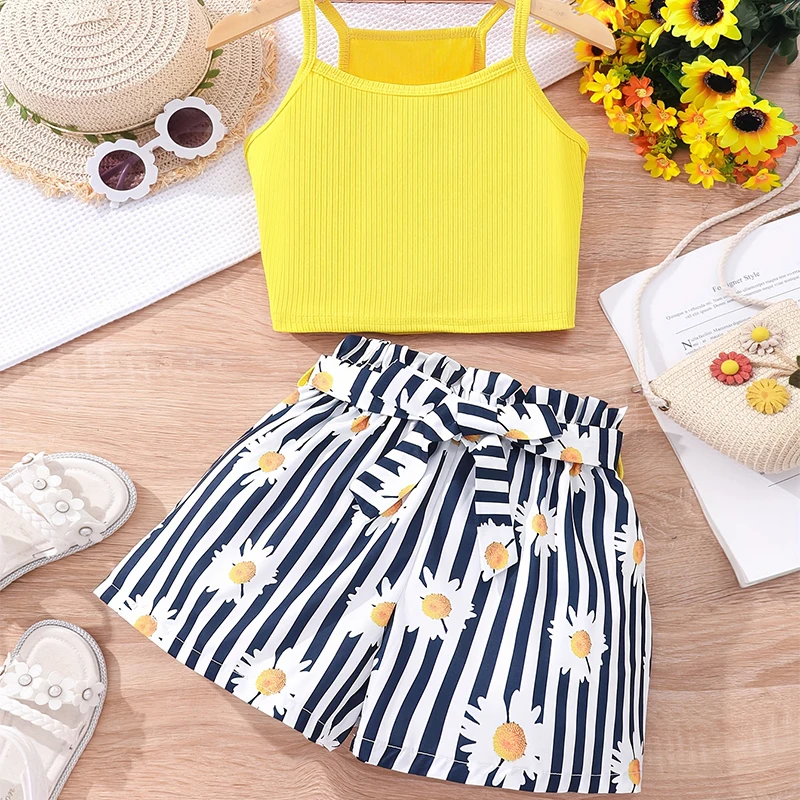 Zweiteilige Sommer Mädchen Mädchen cool und atmungsaktiv niedlichen Leibchen Weste bedruckte Shorts lässig Prinzessin Geburtstags feier Kostüm Set