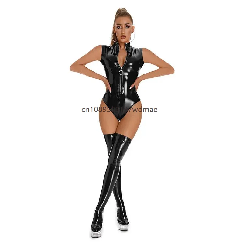 

Women Sleeveless One Piece Swimming Bodysuit High Cut Leotard Swimwear Stand Collar Glossy Patent Leather Cosplay Jumpsuit