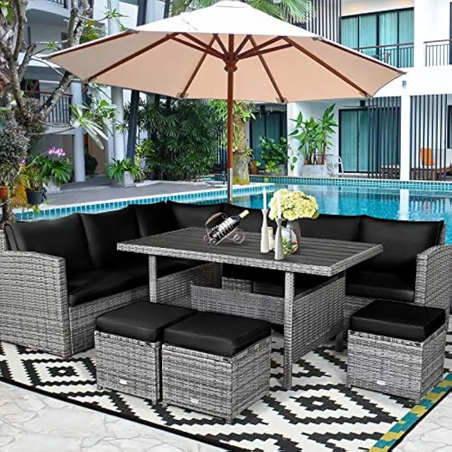 

Patio Furniture Set All Weather Heavy Duty PE Wicker Sectional Sofa with Dining Table and Ottomans