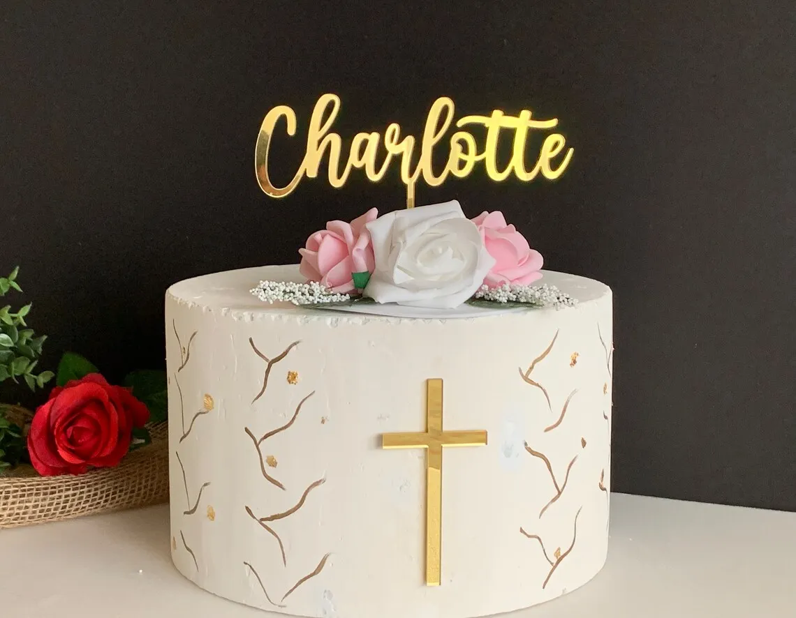 

Personalized Name Cake Topper and Cross Cake Charm Christening Cake Topper Custom Name First Holy Communion Cake Baptism Decor