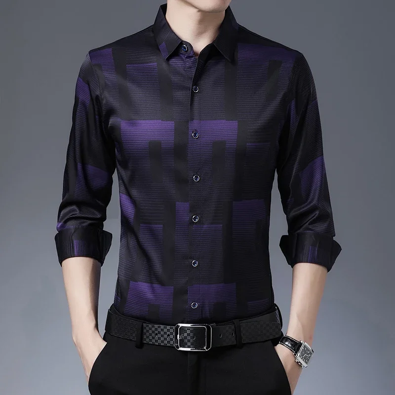 New Men's Casual Printed Long Sleeved Lapel Shirt for Spring and Autumn Fashion Comfortable Wrinkle Free Top Without Ironing