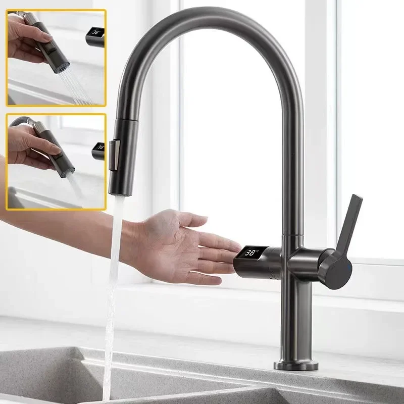 

Kitchen Faucets Gary Brass Smart Digital Temp Show Sensor Pull Out Spout Mixers Tap Hot Cold Water Crane Single Lever Decked