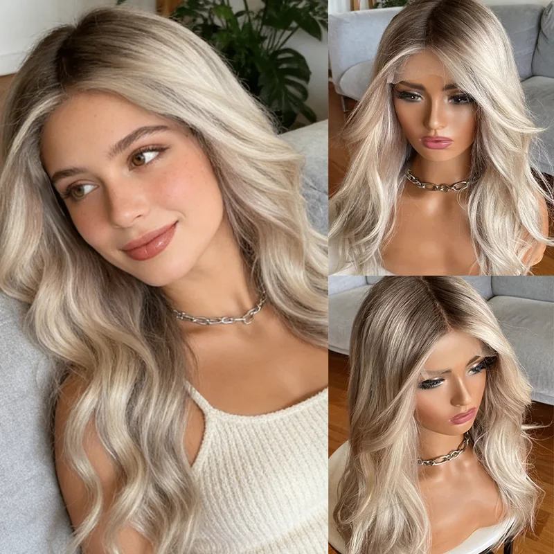 

Long Loose WAve Transparent Lace Frontal Synthetic Wigs Preplucked Platinum Blonde Mixed Wig for Women Wig Natural Hairline Wig