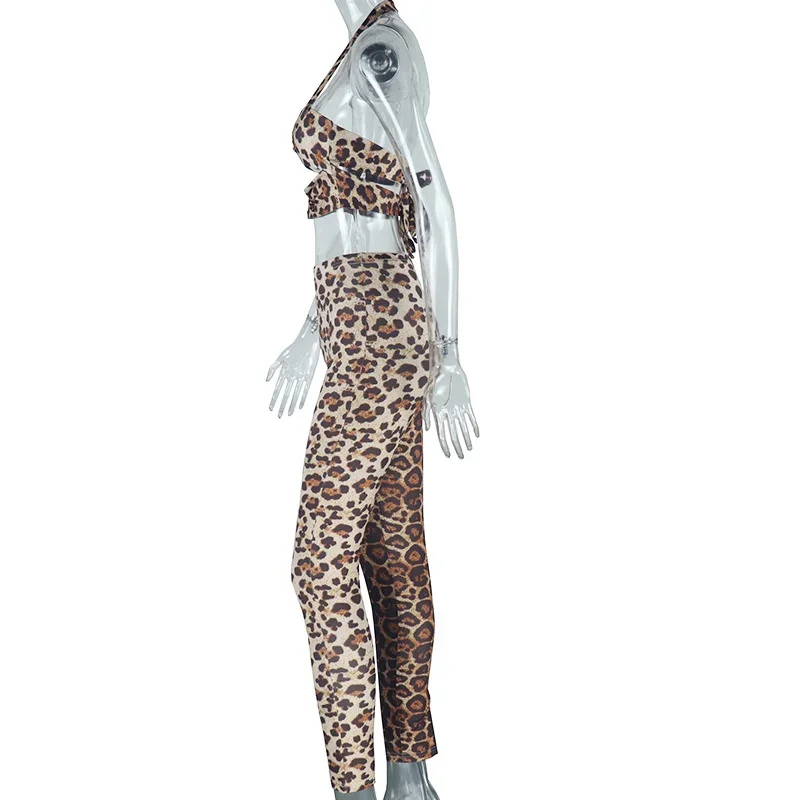 Doyerl Leopard Print Sexy Night Club Outfits Woman Two Piece Set Party Halter Lace-up Strapless Crop Top and Pencil Pants Suit