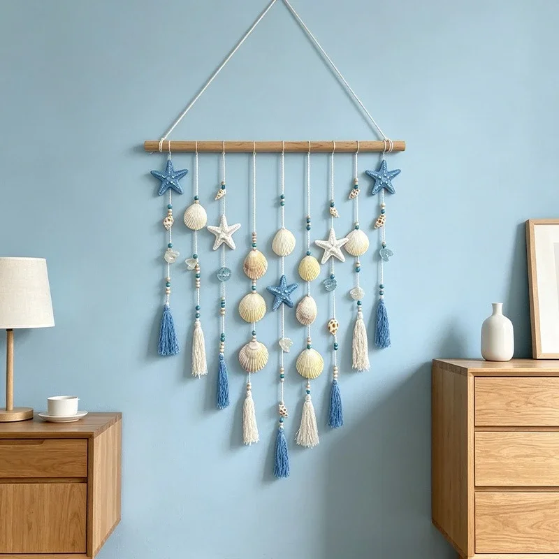 Summer Terrace Dedicated Pendant Shell Woven Hanging Curtain Blue and White Tassel Green Plant Wall Corner Small Fresh Tapestry
