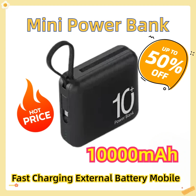 Fast Charging External Battery Mobile Phone Accessories Mini Power Bank Built-in Cord Portable Micro Compact Power Bank 10000mAh