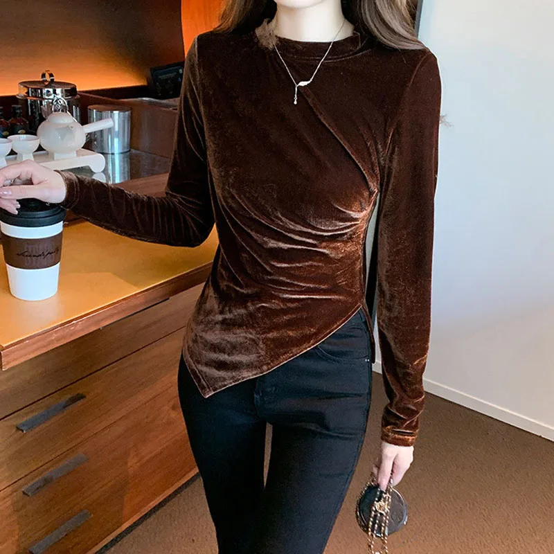 Autumn Winter Korean Slim Solid Color Irregular Tops Women\'s Clothing Fashion Round Neck Commute Simplicity Long Sleeve T-shirt