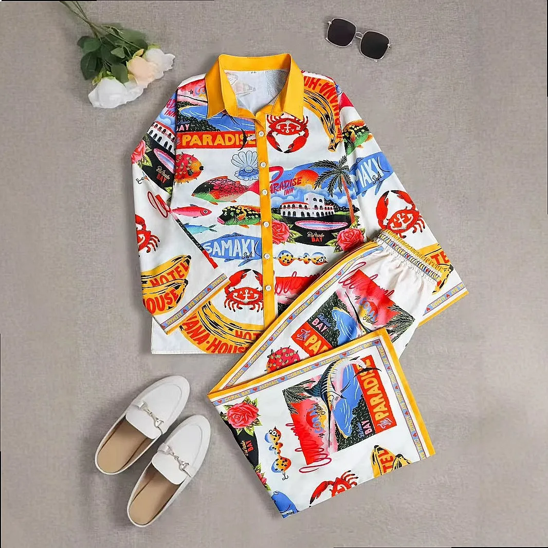 Spring Summer Cruise Outfit Women Matching Set Blouse Top Tropical Print